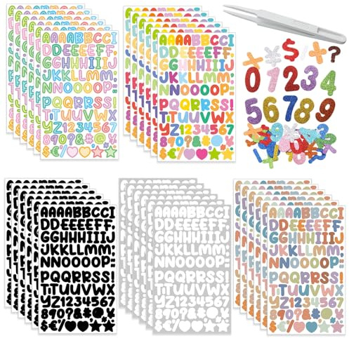 30 Blätter Selbstklebende Buchstaben mit 1 Pinzette für DIY Grußkarte | 2700 Stück Vinyl Klebebuchstaben, 36 Stück Moosgummi Zahlen Glitter, Wetterfest Alphabet Nummern Aufkleber