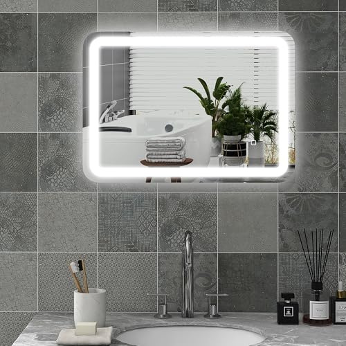 HOMCOM Badspiegel mit Beleuchtung 70 x 90 cm mit 3 Lichtfarben Silber | LED Spiegel, Wandspiegel, Touchschalter, Memory-Funktion, Lichtspiegel, Beschlagfrei
