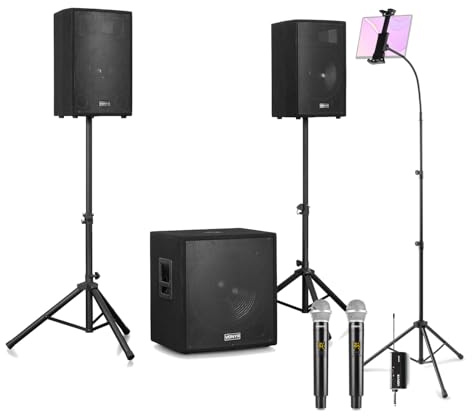 Vonyx Professional Karaoke System with Wireless Mics, 18 Subwoofer, Satellite Speakers & Foldable Tablet Stand, Bluetooth PA Speaker for Pubs & Events