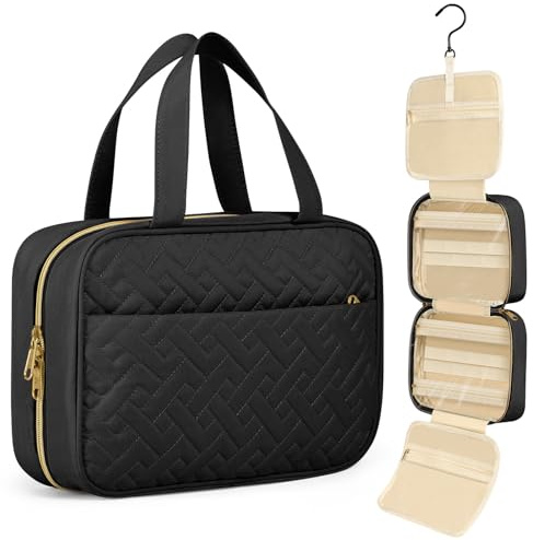 OSDUE Kulturbeutel kulturtasche Damen, Kulturbeutel zum Aufhängen, Große Reisetasche, Kosmetiktasche, Waschtasche für Makeup und Toilettenzubehör (Schwarz)