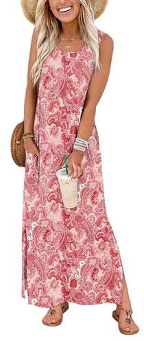 WIHOLL Womens Summer Maxi Dress Casual Ladies Dresses Elegant Sleeveless Maxi Dresses for Women UK with Split and Pockets Size 22-24 Romantic Pink Floral