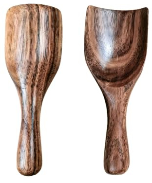 Cuchara y pala de madera ergonómicas, juego de 2 palas para especias de cocina con forma curvada, pequeña pala harina y café, para alimentos secos, cereales y almacenamiento, pienso para animales