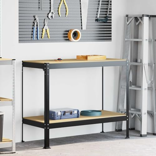 Banco da lavoro nero in compensato e metallo, 115 x 55 x 91 cm, con cassetto e parete forata, robusto tavolo da officina per garage, officina e hobby, pratico ripiano e spazio