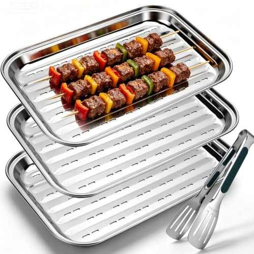 Erzekrim BBQ Grillschalen 3 Stück Grillschale aus Edelstahl 34,9x24,5x2,7cm | Wiederverwendbare Grillkorb Gemüsekorb mit Zange Rechteckige Grillpfanne mit Löchern Ideal für Gemüse, Fleisch, Fisch