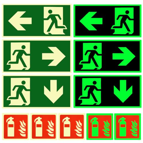 12 señales de salida de emergencia luminosas, señales de extintor, autoadhesivas, luminosas, de PVC de alta calidad, señales de salida de emergencia (2 izquierdas, 2 derechas, 3 flechas abajo, 5