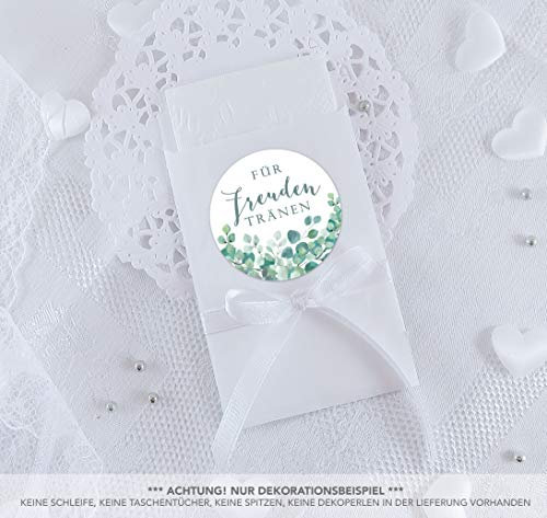 Freuden Tränen Taschentücher Set zur Hochzeit Klein 24 Sticker + 24 weiße Flachbeutel 63 x 93 mm Freudentränen Taschentuch Verpackung GRÜN WEIß BOHO HIPPIE EUKALYPTUS BLÄTTER ZWEIGE 4cm matt rund