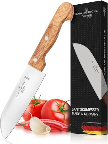 Schwertkrone Solingen Premium Santoku Kochmesser - 15 cm/6 Klinge, Olivenholzgriff, Ideal für Fleisch & Gemüse - Santokumesser