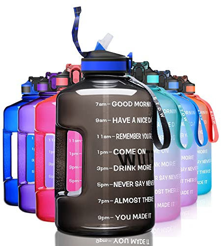 ETDW 2,2 Liter Trinkflaschen mit Strohhalme BPA Frei, 2,2L Wiederverwendbare Wasserflaschen mit Zeitangaben, GroßE Sportflasche mit Starkem Griff für Sport, Fitness, Freiluft, Wandern Schwarz