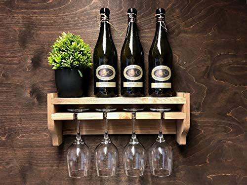 Wooden Wine Bottle Shelf with 4 Glass Wall Mounted Display (WS-WO)(PK3)