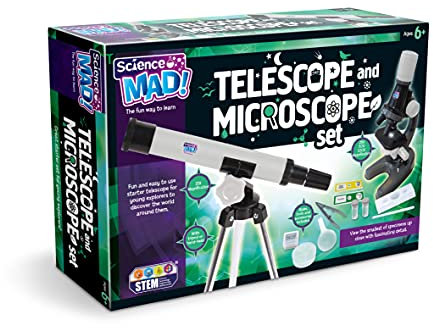 Science Mad Microscope/Telescope Combo Set For Kids - Fun and Easy Starter 15x Magnification Telescope With Tripod and Stand + 100x Magnification Microscope, 6+ Years, Sm60