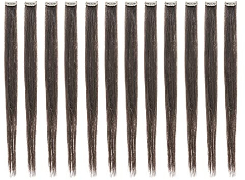 SWACC 12 Pcs Straight One Color Party Highlights Clip on in Hair Extensions For Women Colored Hair Streak Synthetic Hairpieces (Dark Brown-4#)