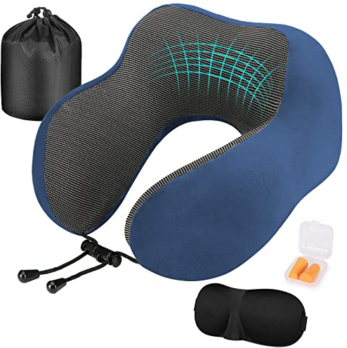 Eono Almohada de Viaje para Cuello, Almohada Cervical para Avión y Coche, Almohada Cuello Viscoelastica de Espuma Memoria, Cojin de Viaje Cuello, con Máscara de Ojos, Tapones y Bolsa