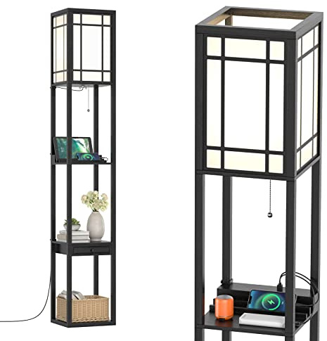 COSTWAY Lámpara de Pie con 3 Estantes y Cajón, Lámpara de Pie Moderna con 2 Puertos USB, Lampara de Pie para Salón y Dormitorio (rejillas)