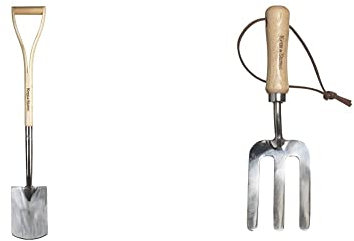 Kent & Stowe Kinder-Spaten – leichte Schaufel für Kinder aus Edelstahl, Kleiner Gartenspaten mit Stiel aus Eschenholz, Länge: 71 cm & Kinder-Handgabel – leichte Blumengabel aus Edelstahl, 19,7 cm