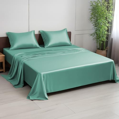 LINENWALAS Set di lenzuola per letto king, 100% biancheria da letto in bambù con 300 fili, lenzuola in raso di seta con trama sagomata per un raffreddamento con 1 lenzuolo con angoli, 1 lenzuolo piano