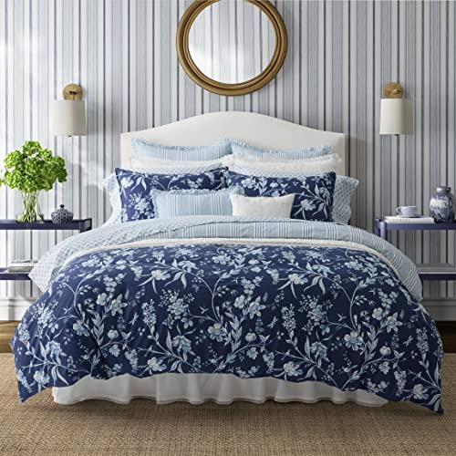 Laura Ashley - Twin Duvet Cover Set, Reversible Cotton Bedding with Matching Sham, Bonus Euro Sham & Throw Pillow Cover, Dorm Essentials (Branch Toile Blue)