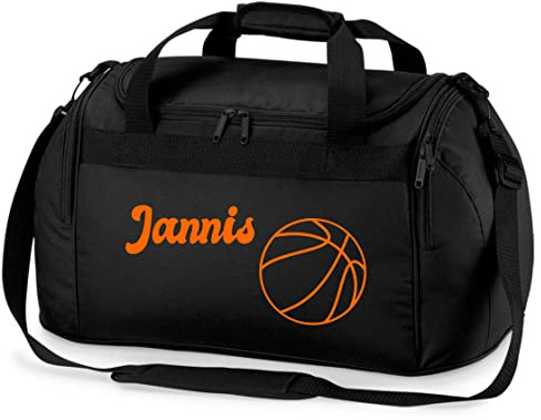 Sporttasche mit Namen Bedruckt für Kinder | Personalisierbar mit Motiv Basketball | Reisetasche Duffle Bag für Mädchen und Jungen Sport (schwarz)