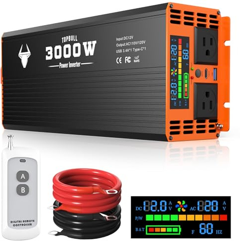 3000 Watt Power Inverter, Car/Home 12V DC to 110V AC Converter, with LED Display, Dual AC Outlets, USB Port, Dual Smart Fans, Cables Included, Suitable for Home, RV