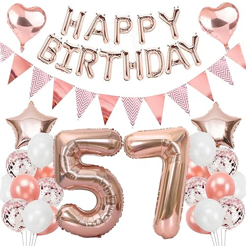 Ouceanwin Geburtstagsdeko 57 Jahre Frau, Rosegold Luftballon 57. Geburtstag Dekoration Set, Folienballon Zahl 57, Helium Ballon Happy Birthday Girlande für 57. Geburtstag Frauen Party Deko