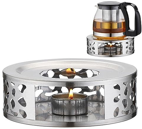 Stainless Steel Teapot Warmer Base with Hollow Frame Design Candle Holder, Coffee Food Warmer Tealight Holder for Borosilicate Glass Teapots