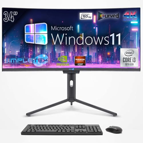 SIMPLETEK - Computer All in One 34 Schermo Curvo 4K 165Hz per Gaming, Grafica | Core i3 1° Gen | Windows 11 Pro | GPU RX 550 4GB | 4GB RAM SSD 120GB | Webcam 2K | BT 5.2
