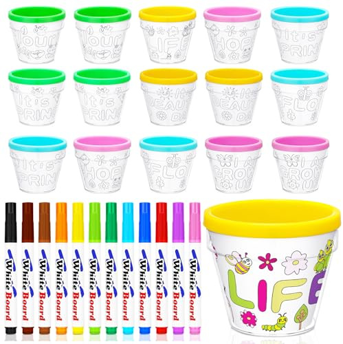 Meanplan 32 Pcs Spring Craft DIY Flower Pots Crafts Bulk Garden Pot Kit Make Your Own Flower Pots Kit for Birthday Party Gifts Art Projects Home Activities