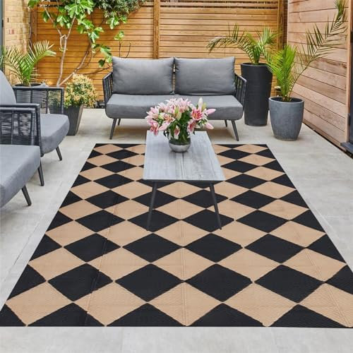 Enipate Outdoor Rugs for Patios Waterproof, 5x8ft Reversible Easy Cleaning Garden Rug, Portable Picnic Blanket Geometric Outdoor Carpet (Black & Yellow)
