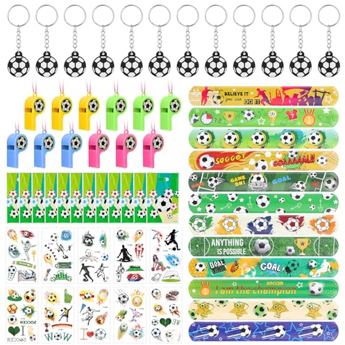58 Stück Fußball Party Mitgebsel Kindergeburtstag Junge Give Aways Fußball mit Trillerpfeife Schnapparmband Kinder Geschenk Taschen Tattoo Schlüsselanhänger Fußball-Party Deko für Kindergeburtstage