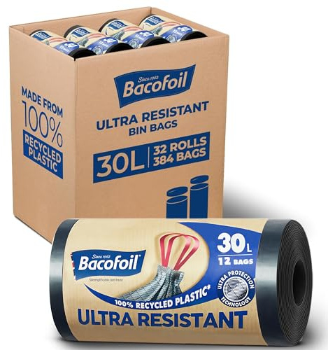 Bacofoil Ultra Resistant Bin Liners with Drawstring Handles 30L - Leak-Proof and Tear Resistant Bin Bag with Ultra Protection Technology (32 Rolls, 384 Bags)