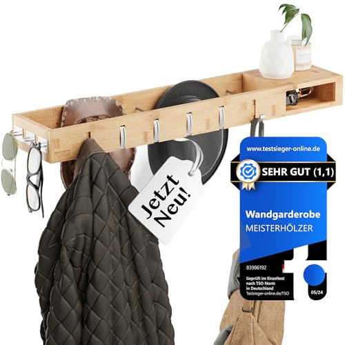 Meisterhölzer Wandgarderobe – 4in1 Garderobe mit Ablage, Kleiderhaken, Brillenhalter & Kleiderstangen – 100cm lange Garderobenleiste aus Holz - Modern & Platzsparend für Flur, Diele & Schlafzimmer