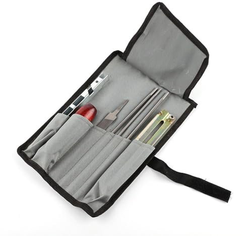 Kit di strumenti per affilare motosega, lima piatta universale e lima rotonda da 4/4,8/5,5 mm con limitatore di profondità, misuratore di profondità, custodia (confezione da 7)