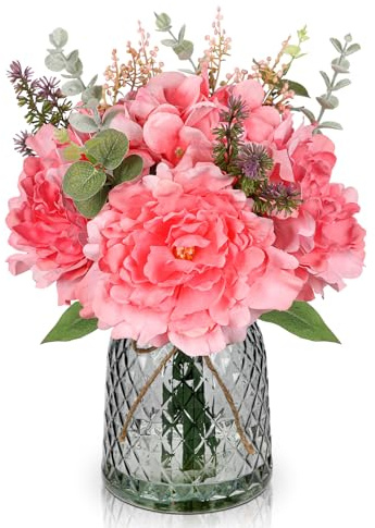 Oairse Künstliche Pfingstrose mit Glasvase Hortensien Kunstblumen Kunstblumen Künstliche Pflanzen Blumen Deko für Zuhause Geburtstagsfeier Garten Hochzeitsdeko Blumenarrangements, Rot