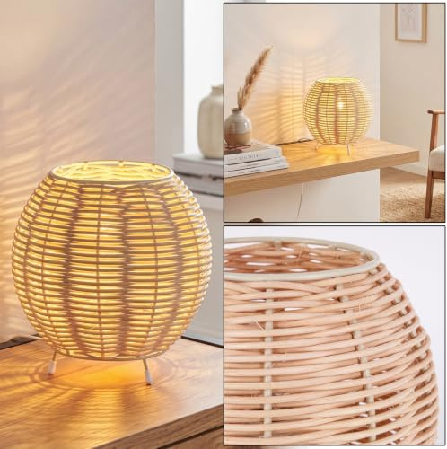 Tischleuchte Malpica, Tischlampe aus Metall/Rattan in Beige/Naturfarben, Leuchte im Boho-Design mit Schirm aus Rattan (Ø 16 cm) u. An/-Auschalter am Kabel, Höhe 16,5 cm, 1 x E14, ohne Leuchtmittel