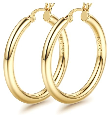 FIOROYAL Ohrringe Gold Creolen Silber 925 Groß,14K Gold Gefüllt Chunky Creolen Gold,4 mm Dicke Hohle Röhren Goldene Creolen Damen,Hypoallergen Leichte Mittelgroß Ohrringe Creolen 25/30/40/50/60/70MM