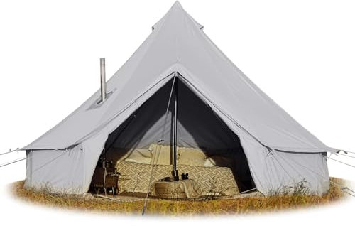 Glockenzelt aus Baumwollleinen, wasserdicht, große Zelte mit stabiler Mitte und Türstange und Platz für 4/6/8 Personen, alle 4 Jahreszeiten, Camping-Jurtenzelt (grau, 3 m))