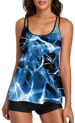 wihnsinop Tankini Damen Bauchweg Bademode Set Freizeit Badeanzug Tankinis Zweiteiler Sets Sommer Elegant Badeanzüge für Damen Oberteil mit Badeshorts