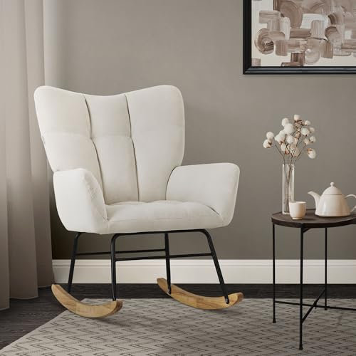 ML-Design Schaukelsessel Beige, Schaukelstuhl mit Bezug in Frottee-Optik, Gepolsterter Schwingsessel mit Holzkufen, Relaxsessel mit Armlehnen für Wohnzimmer/Schlafzimmer/Balkon, Relaxstuhl Ohrensessel