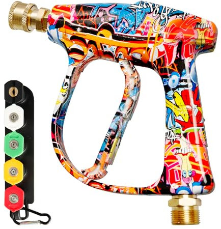 Pressure Washer Gun with 5 Spray Nozzles, M22-14mm to 1/4'' Quick Release Jet Wash Gun, Colorful Stubby High Pressure Washer Gun for Cleaning Cars, Walls and Windows