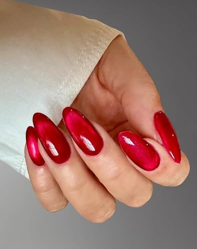 MouyouGlow Press on Nails Lang,Almond Cat Eye Rosenrot Magnetic Fake Nails mit Nagelkleber,Rose Red Phototherapy Künstliche Fingernägel