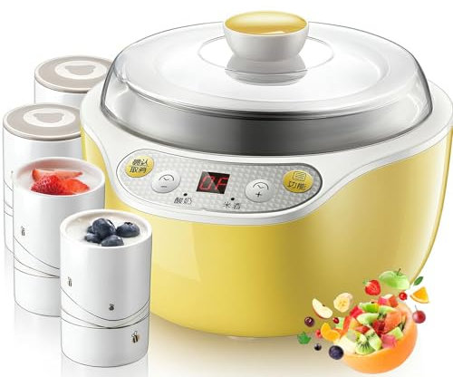 1000ml Yogurtiera Automatica, Macchina di Fermentazione 20W con 4 Tazze in Ceramica, Display LED & Timer, Fermentazione Termostatica a 360° per Yogurt, Vino di Riso & Formaggio