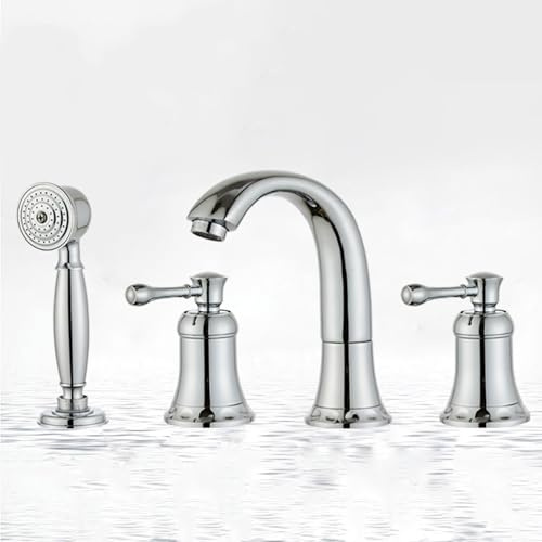 BiaoTeng Mischbatterie Badewanne 4 Loch mit Handbrause Warm und Kalt Messing Badewannenarmaturen mit Brause Chrom