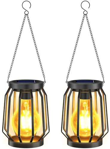 Solarlampen für Außen Hängend, 2 Stück Warmweiß Solarlaterne IP65 Wasserdicht, Garten Deko Solarleuchten mit Größer LED Glühbirne, Beleuchtung für Draußen, Balkon, Hof, Terrassen- Schwarz Metall