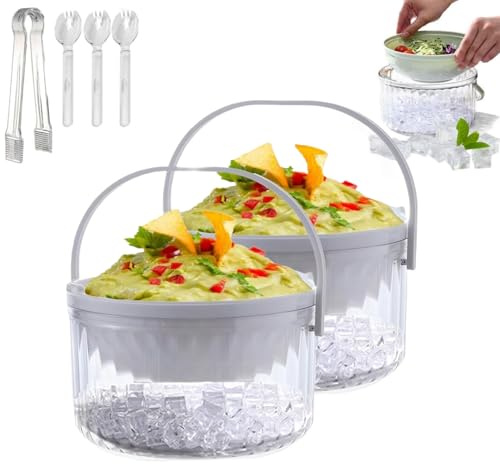 Grand saladier avec refroidisseur de glace, base et couvercle, bol de service, peut garder les aliments, les légumes, les fruits frais et frais, convient pour les fêtes, buffets (2 blancs)