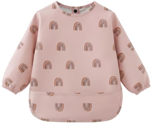 AOOTE Bavaglini a Manica Lunga, Bavaglini Impermeabili con Maniche, Bavaglino per Svezzamento con Tasca, Bavaglino Unisex Bambini, Lavabile in Lavatrice, Materiale PU, per 6 a 12 Mesi, Arcobaleni