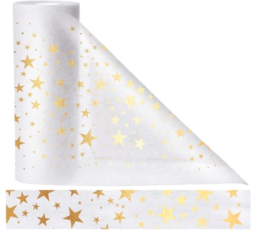 Tischläufer Weihnachten, Anstore Tischläufer Weiß mit Golden Sternen, 30mx23cm Vlies Tischband Weiss Vintage Tischdekoration für Hochzeiten, Geburtstage, Taufen, Festliche Weihnachtsdeko Table Runner