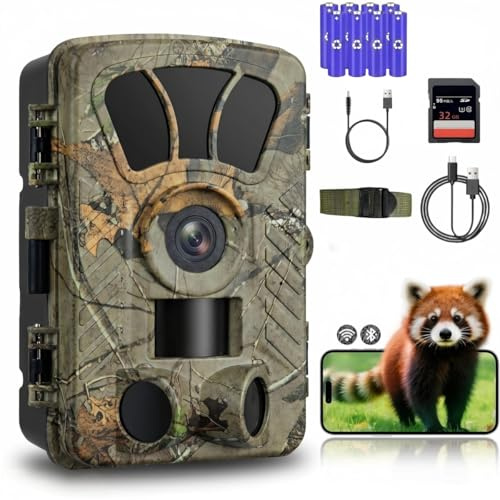 LMHOME 5K 60MP Wildkamera mit Handy-APP, WLAN & Bluetooth, Nachtsicht & Bewegungsmelder, IP66 Wasserdicht, 32GB SD-Karte und 8X AA-Batterien – Perfekt für Jagd, Wildbeobachtung und Sicherheit