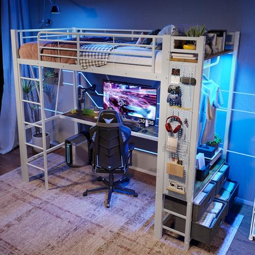 Etagenbett Hochbett 90x200, mit LED Leiste und USB Steckdose, Kinderbett mit 4 Schubladen und Schreibtisch, Trockenstab & Einlegeböden & Lochbrett, Bettgestell mit Rausfallschutz & Leiter(Weiß-C)