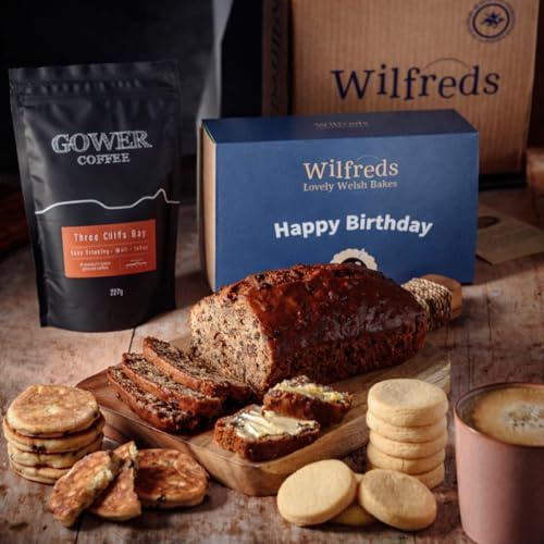 Wilfreds Welsh Coffee Gift Set – Luxury Hamper with Gower Coffee, Bara Brith Loaf, Welsh Cakes & Shortbread – Gifts for Men & Women (Happy Birthday Sleeves)