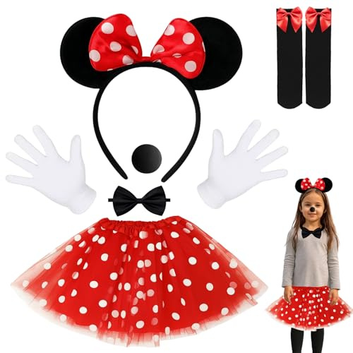DXPETA 5 Pcs Mouse Costume for Girls Women, Cute Fancy Dress for Adults Women, Mouse Ears Headband with Red Tutu Skirt, Nose, Gloves and Socks for Halloween, Cosplay, Theme Parties