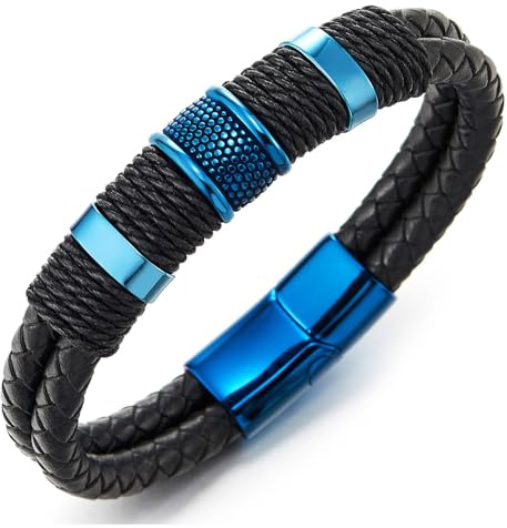 COOLSTEELANDBEYOND Homme Cuir Bracelet - Noir Tressé Double Brin Bande - Noir Corde et Bleu Acier Inoxydable Charmes - Moderne élégant